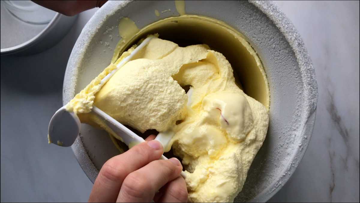 Ice cream in an ice cream maker.