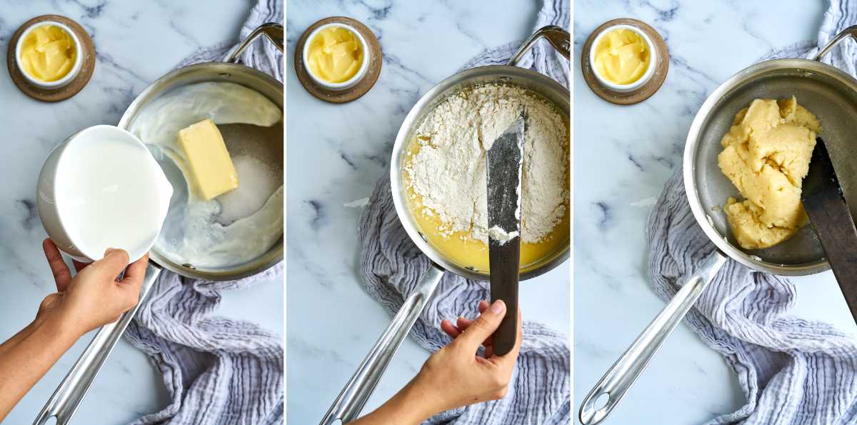 Mixing milk, butter, and flour into dough in a pot.