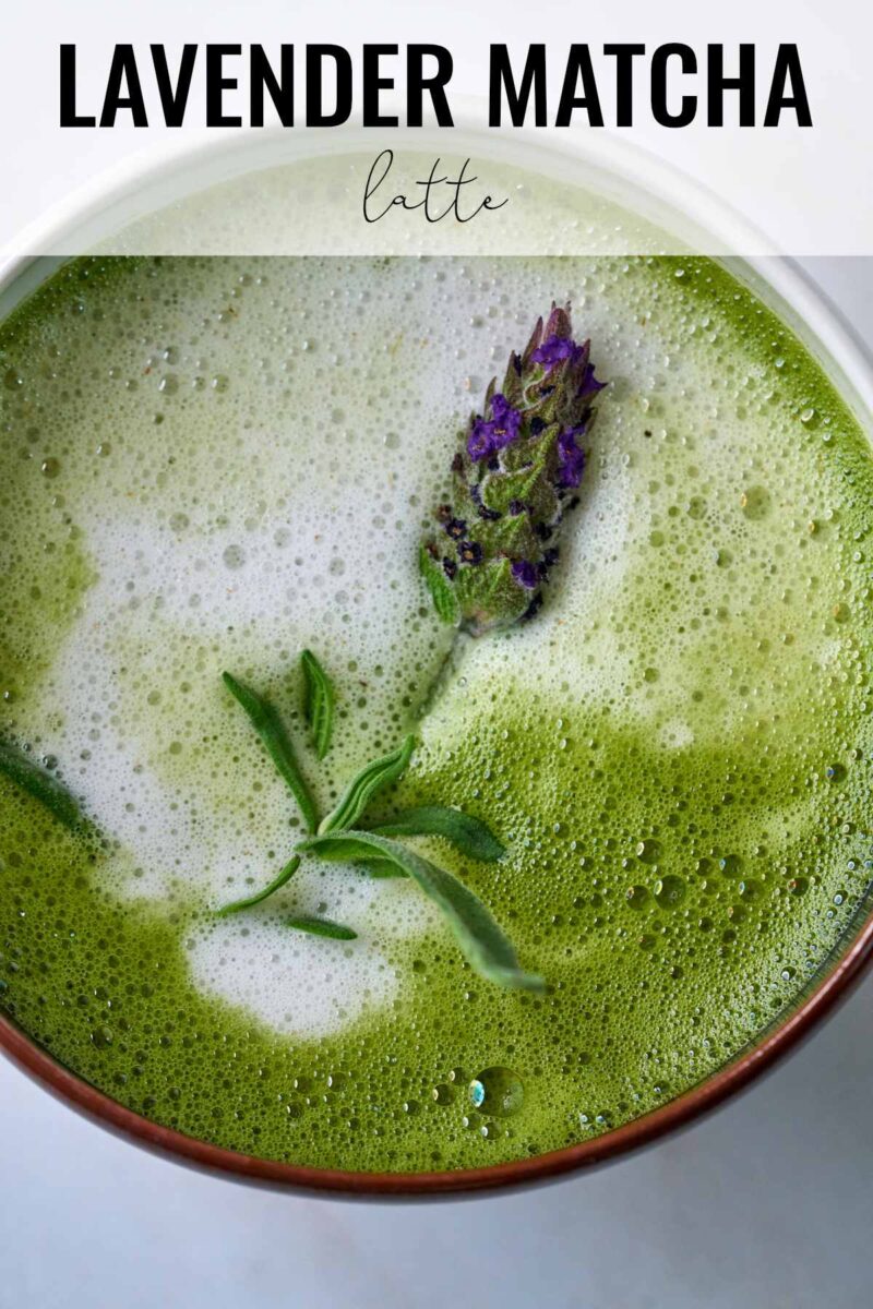 Green latte with lavender sprig.
