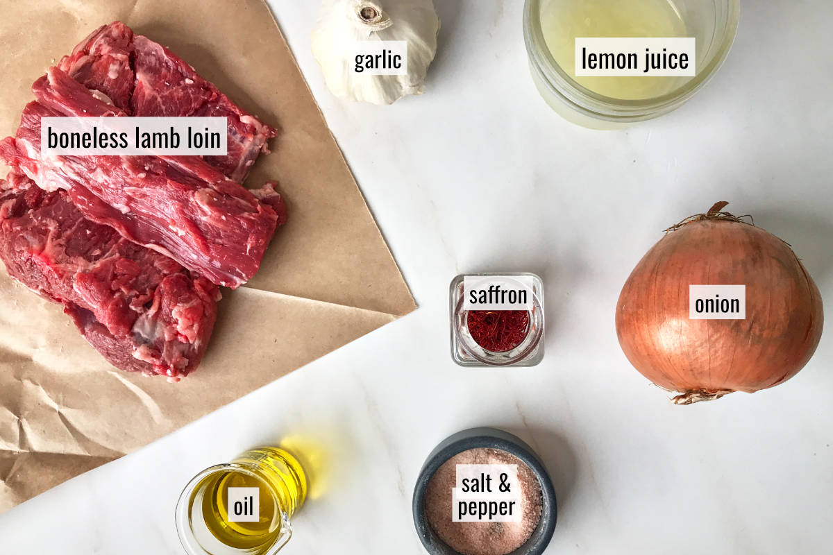 Ingredients for kabob on a countertop.