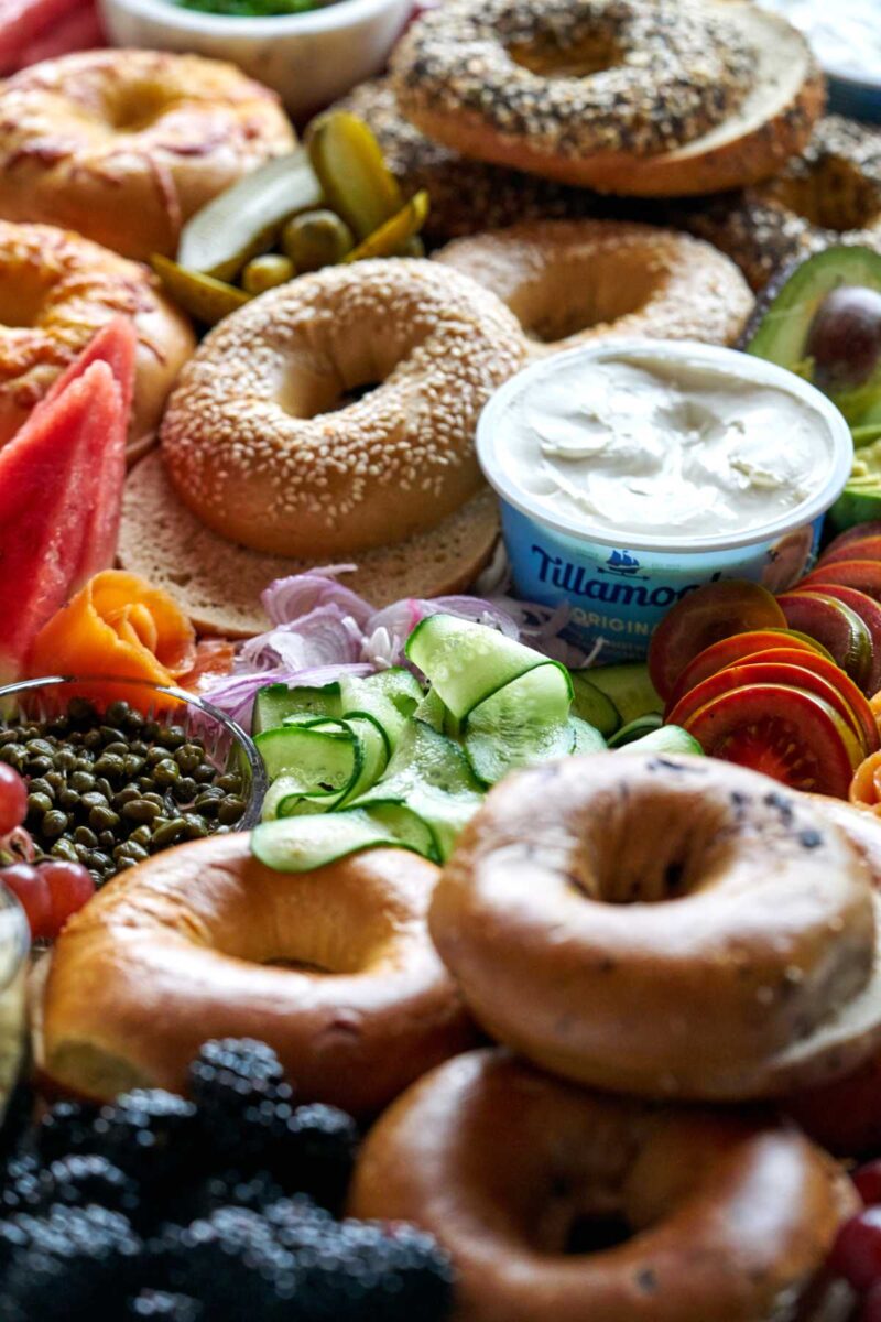 Bagel board with cream cheese.