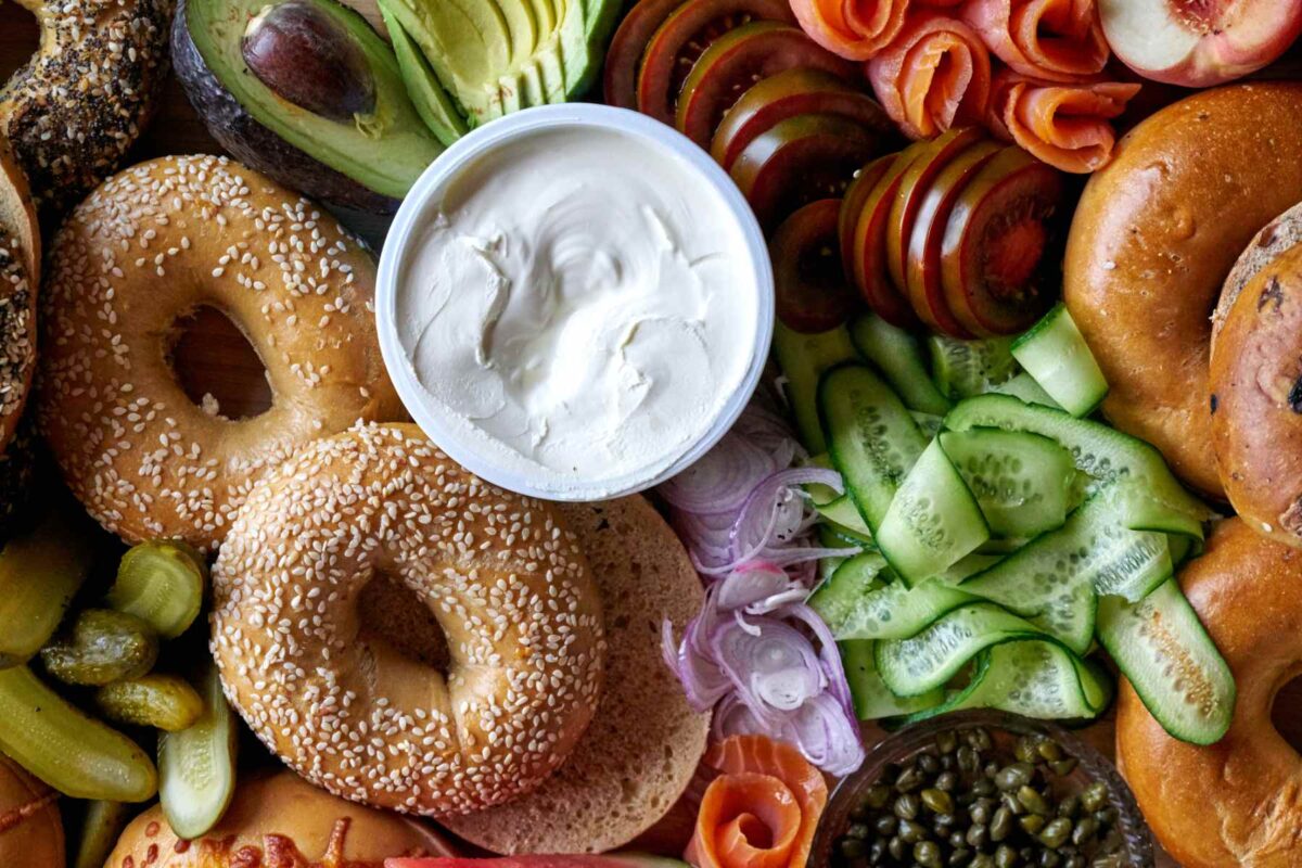 Bagel board with cream cheese.