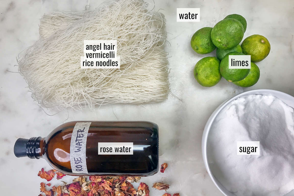 Ingredients on a marble countertop.