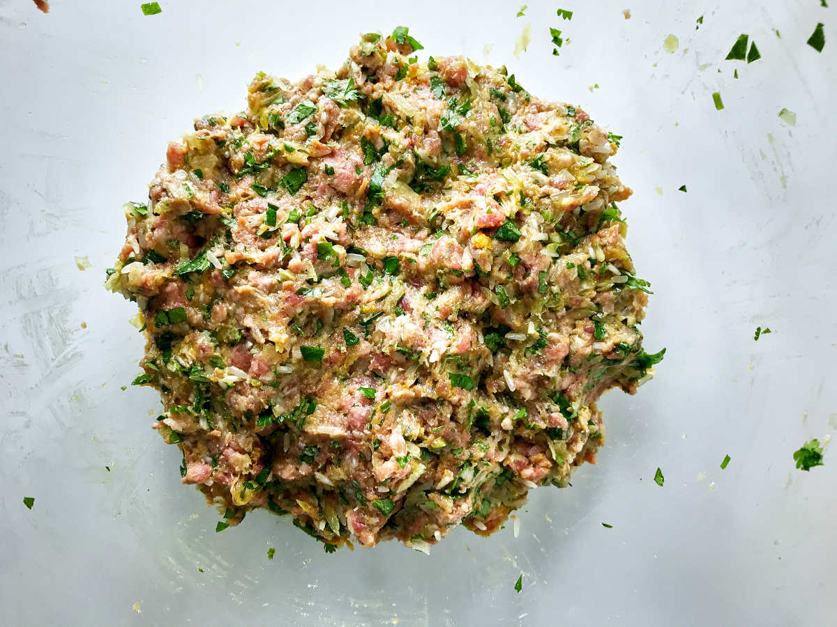 Ground meat mixed with herbs and rice.