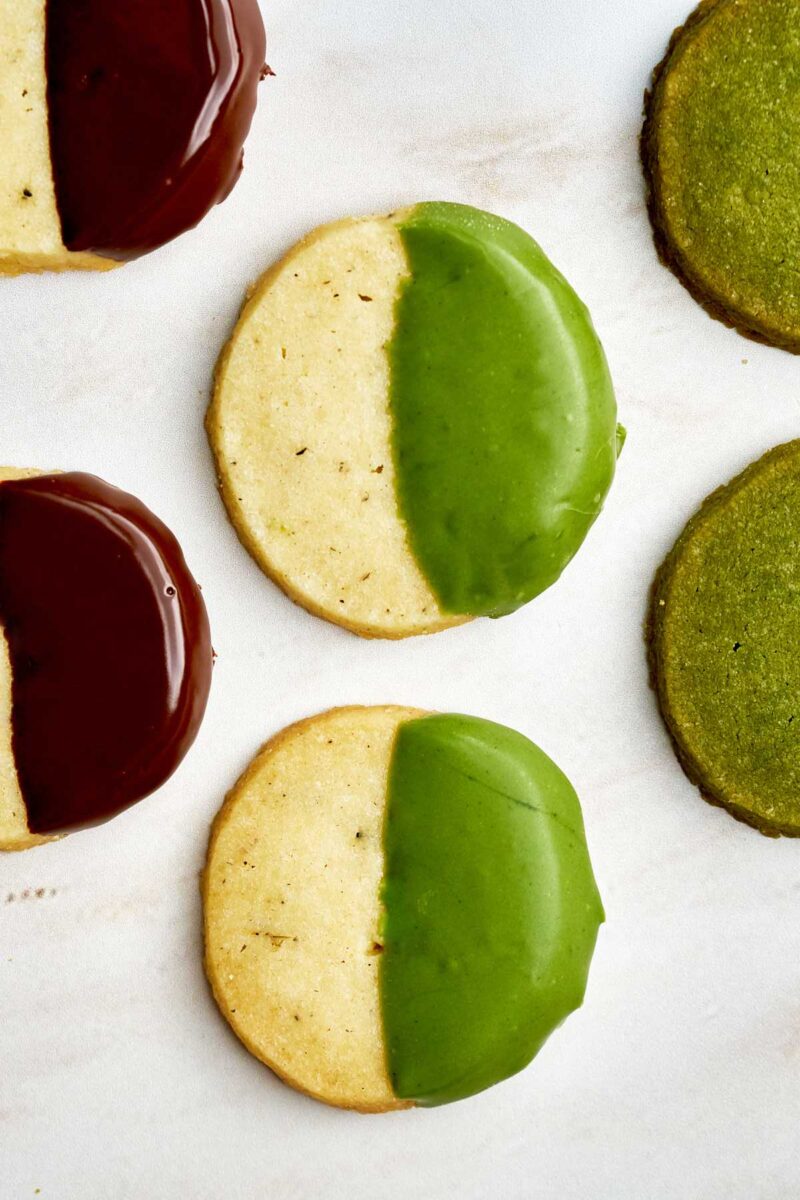 Green and chocolate dipped cookies.