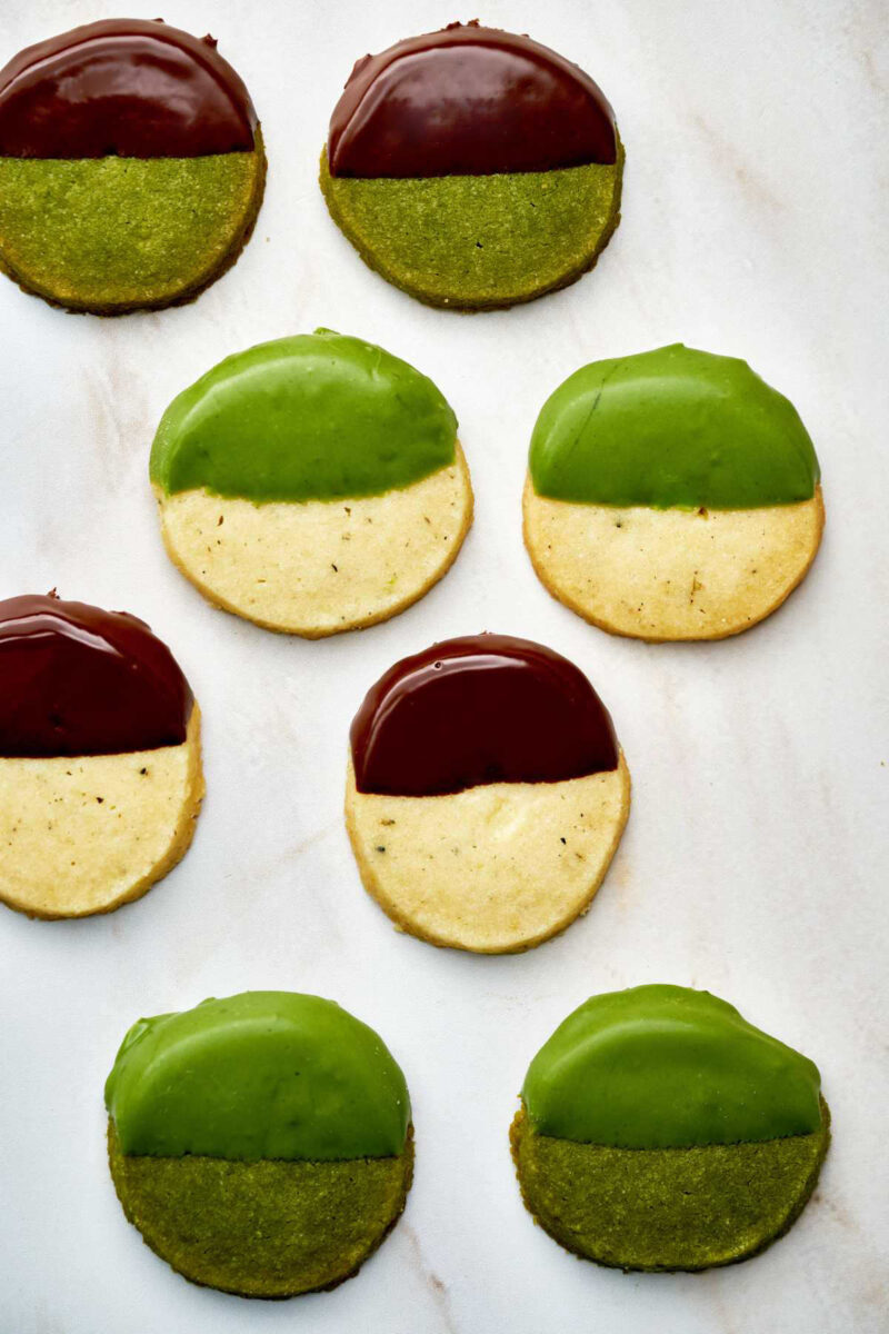 Chocolate and green dipped cookies.