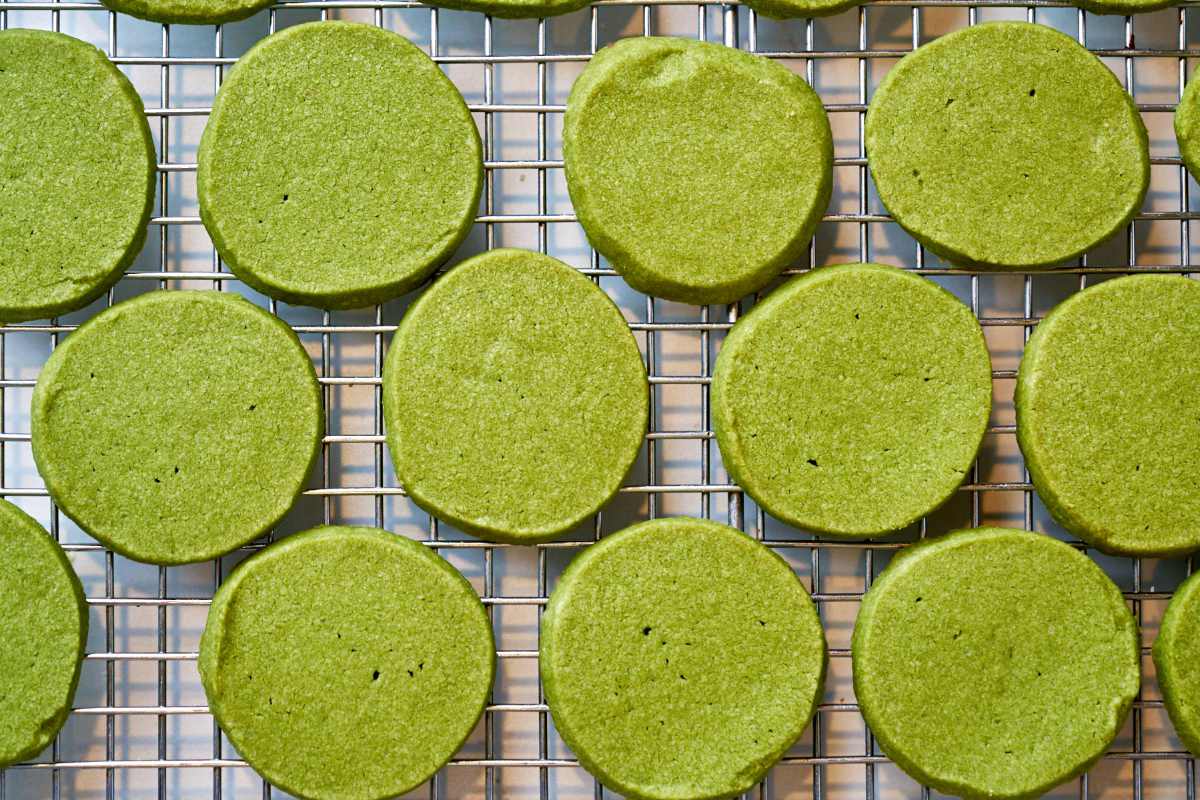 Rows of green cookies.