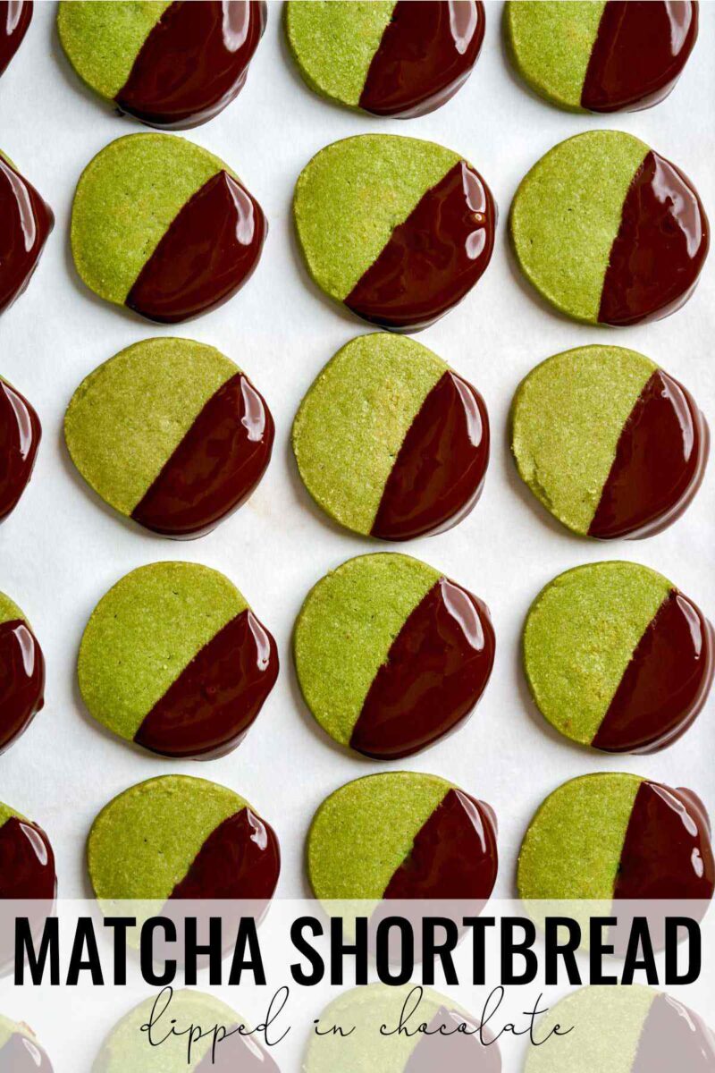 Green cookies dipped in chocolate.