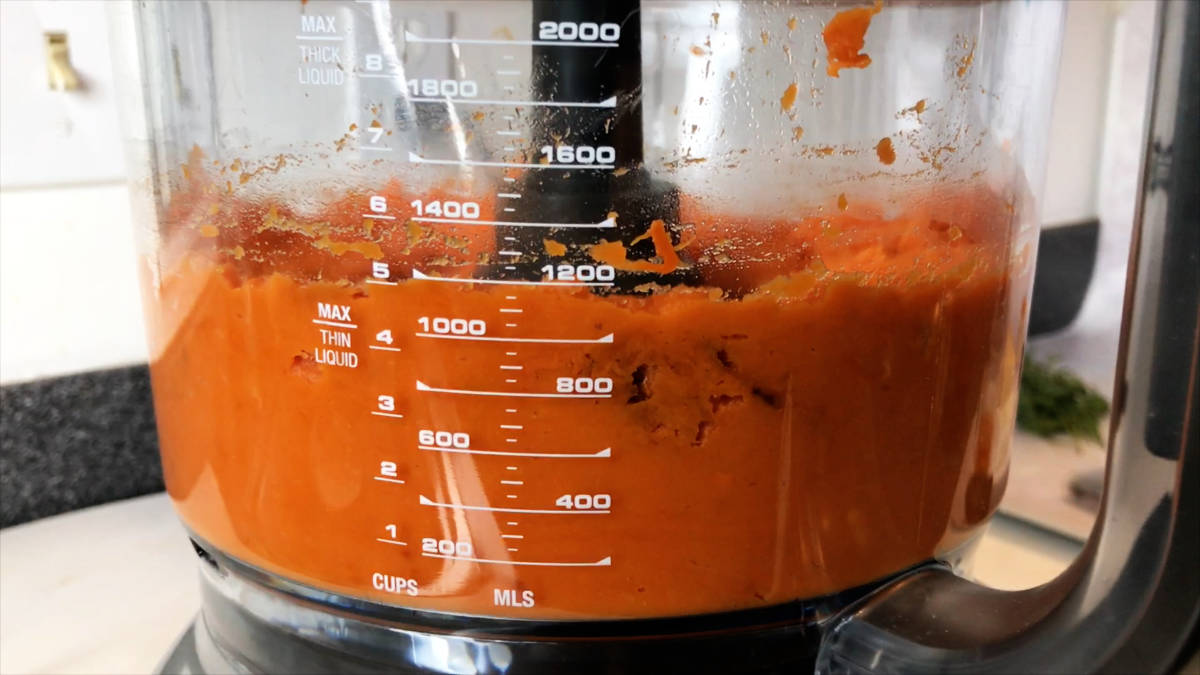 Orange food in a food processor bowl.