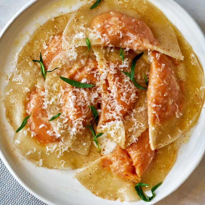 Sweet Potato Wonton Ravioli with Tarragon Brown Butter Sauce