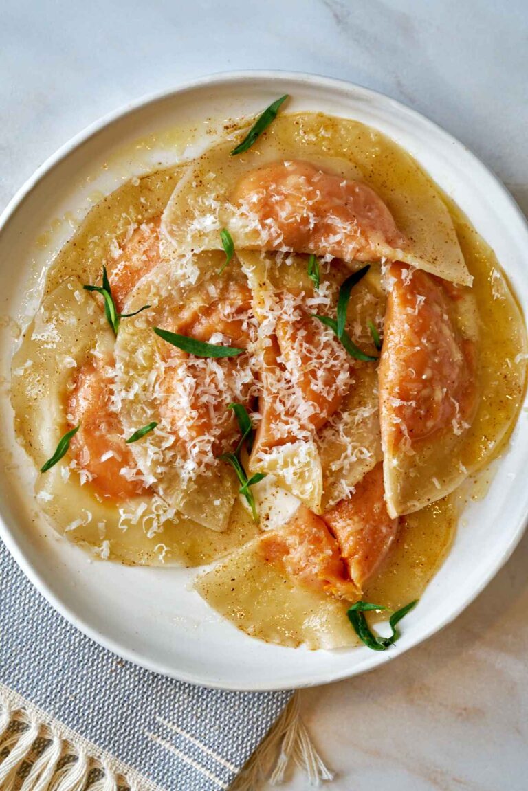 Sweet Potato Wonton Ravioli with Tarragon Brown Butter Sauce