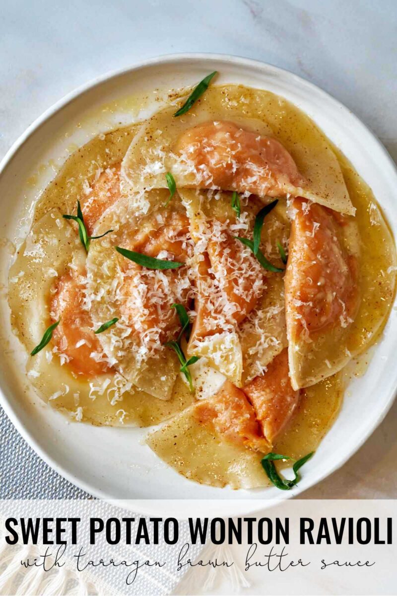 Orange ravioli on a plate with fresh herbs and title text.