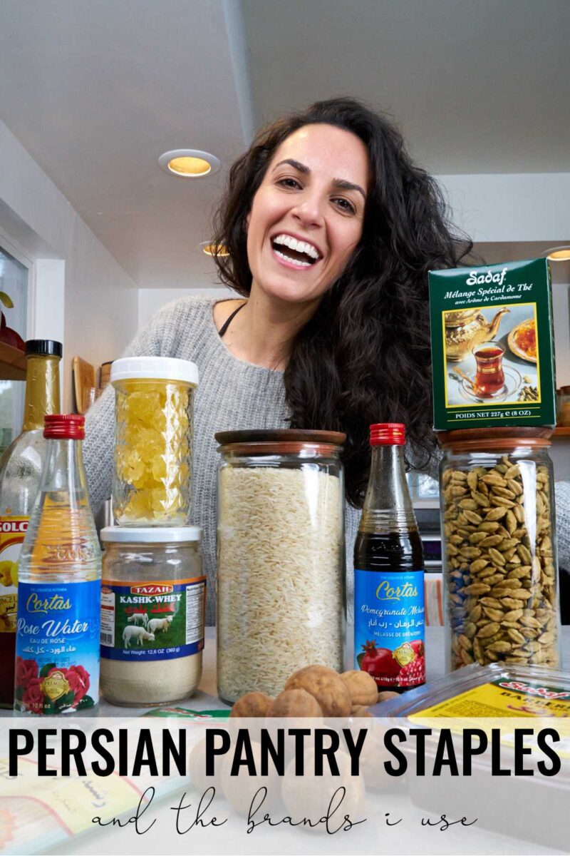 Woman in kitchen with packaged pantry foods with title text.