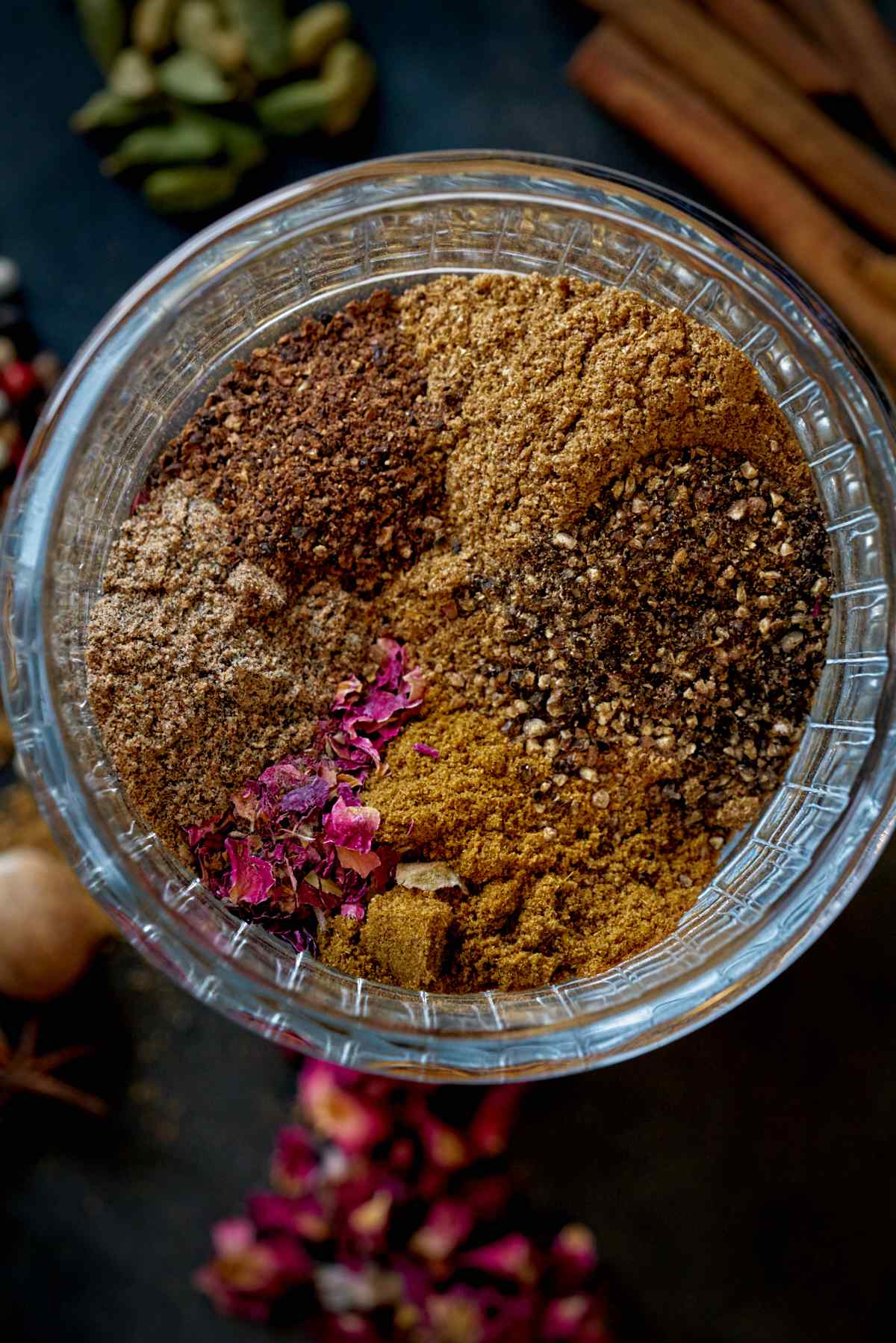 Spices in a glass bowl.