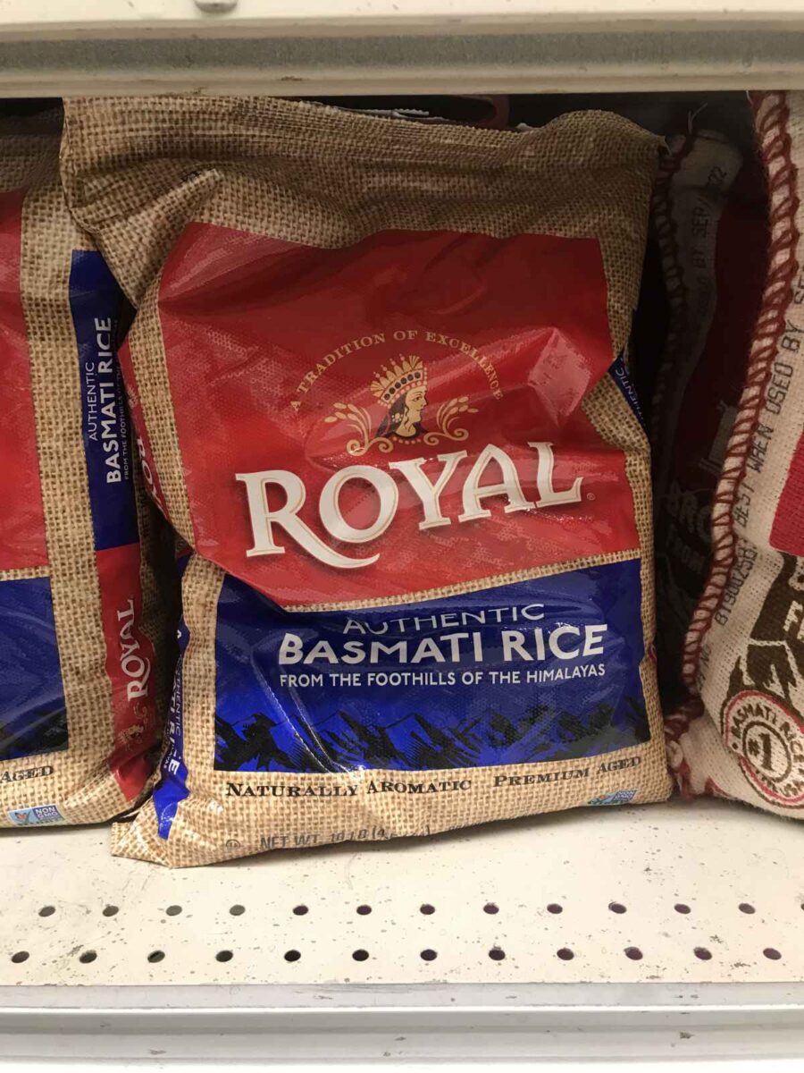 Bag of rice on a shelf.