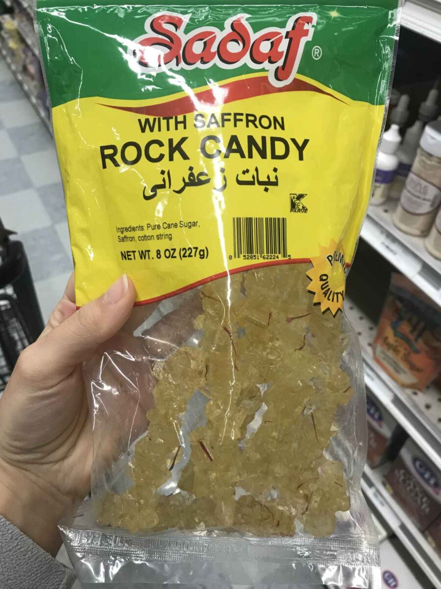 Yellow rock candy in a bag.