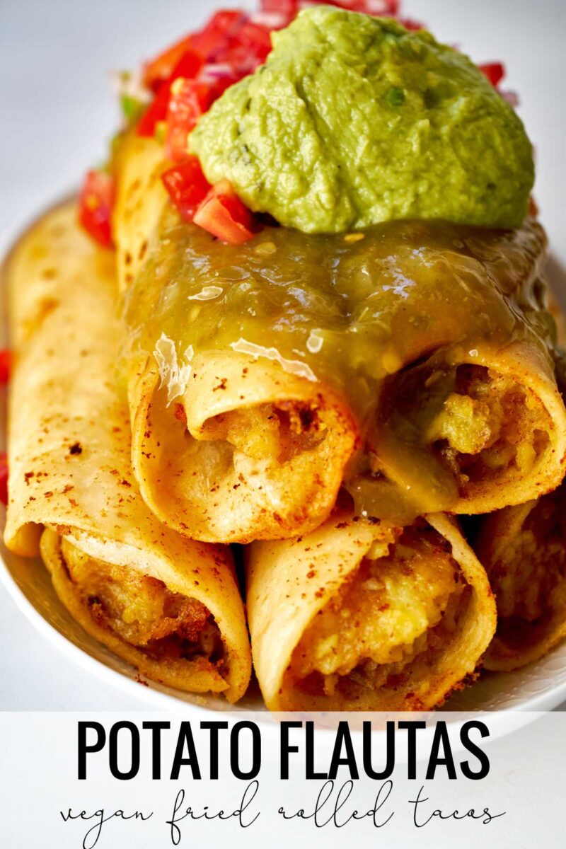 A stack of rolled tacos with guacamole and salsa and title text.