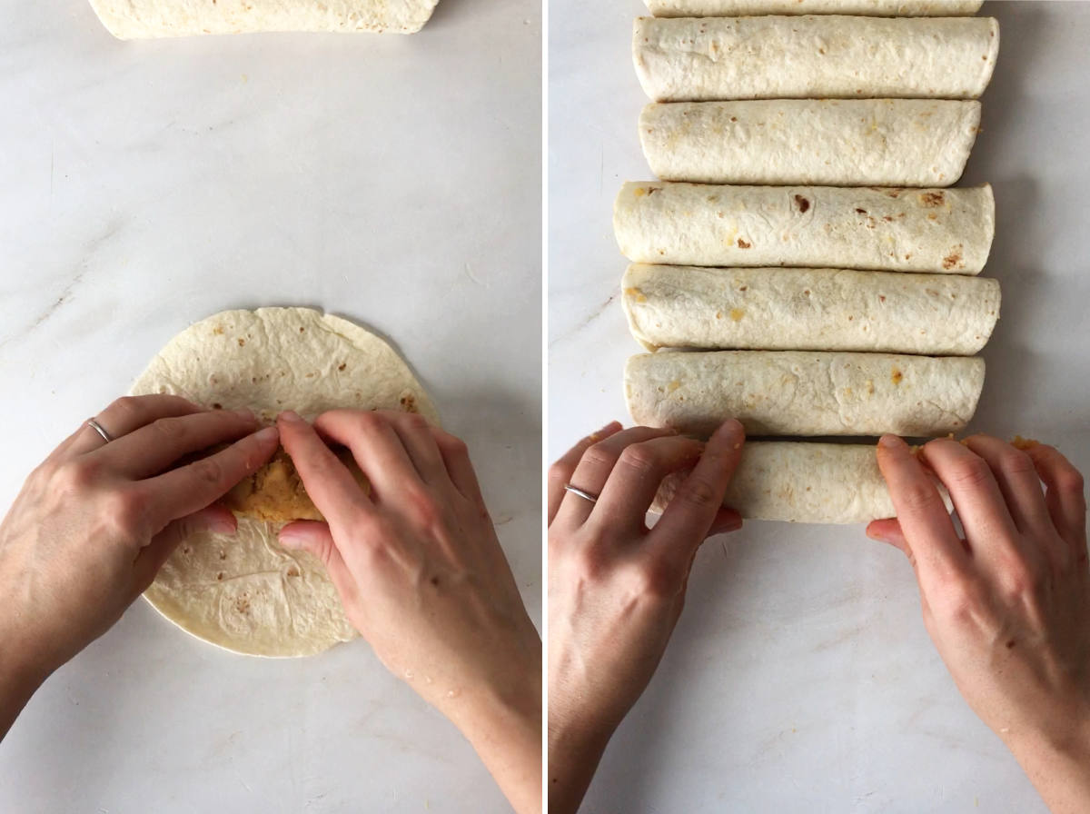 Rolling tortillas with filling inside.