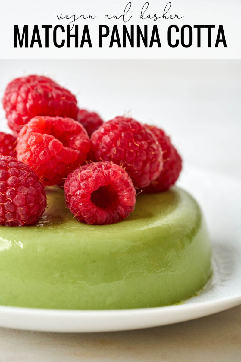 Green panna cotta topped with raspberries and title text.