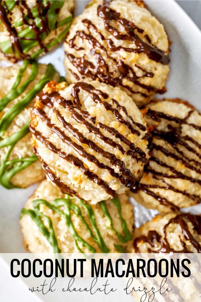 Cookies drizzled with chocolate stacked in a dish with title text.