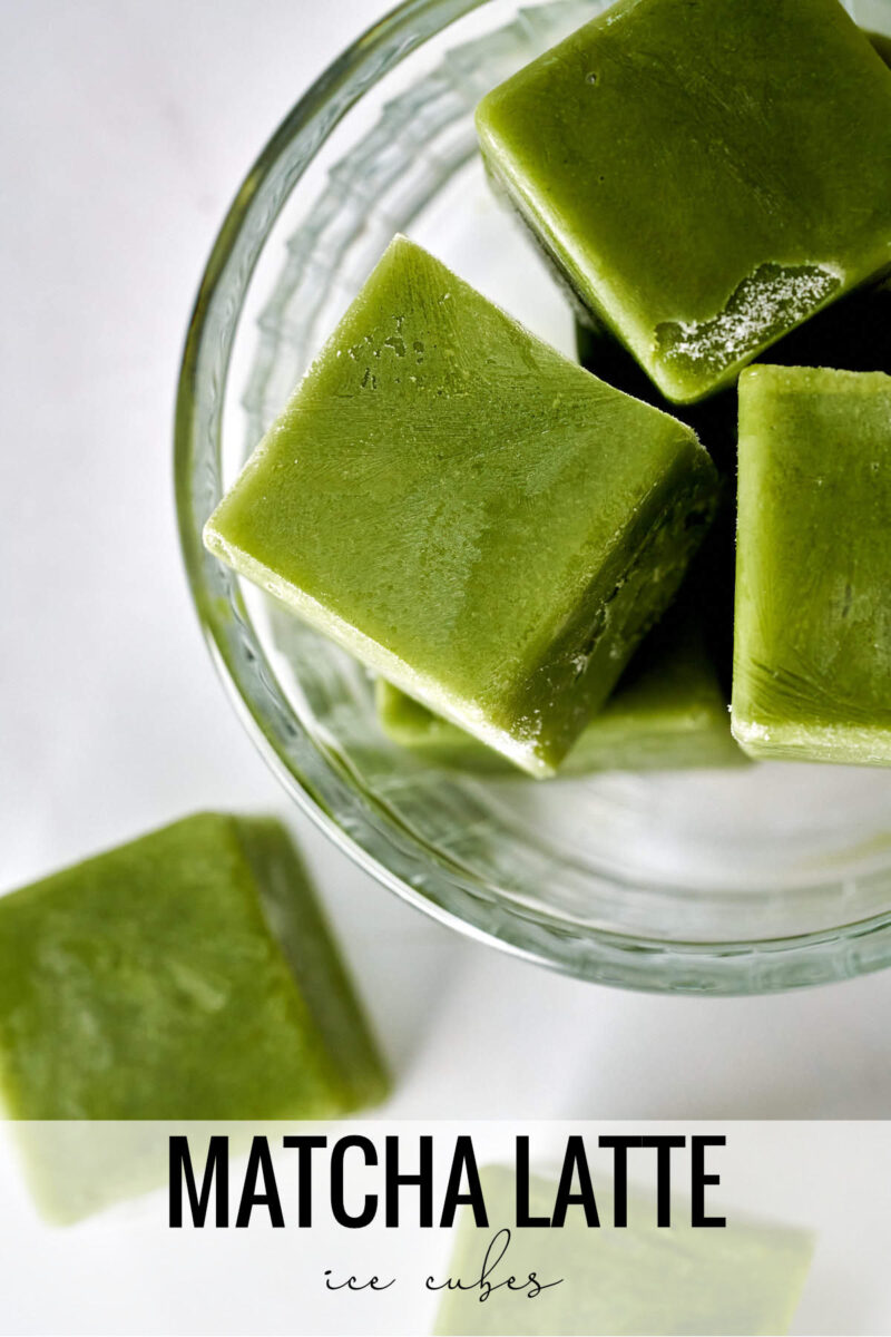 Green ice cubes in a bowl with text.