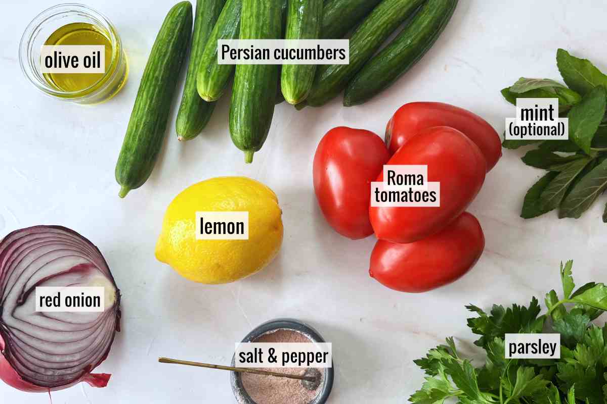 Tomatoes, cucumbers and other salad ingredients.