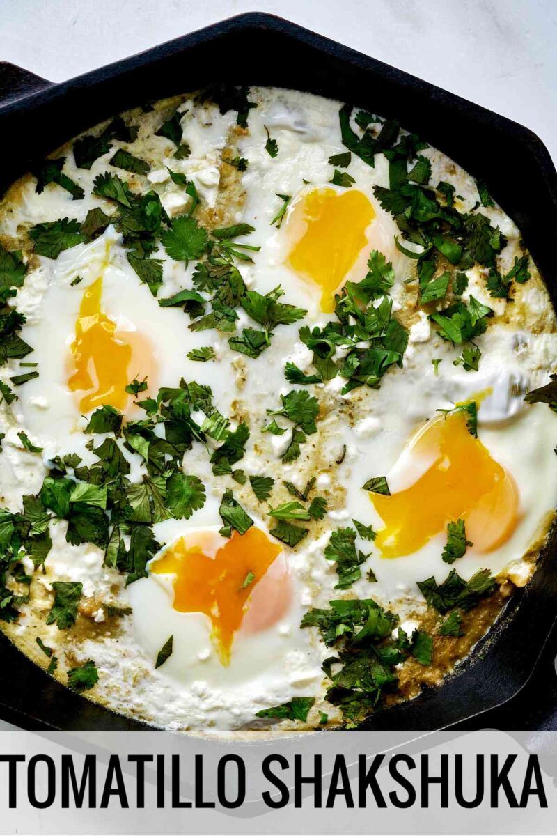 Eggs in a cast iron pan with green tomato sauce and cilantro with title text.