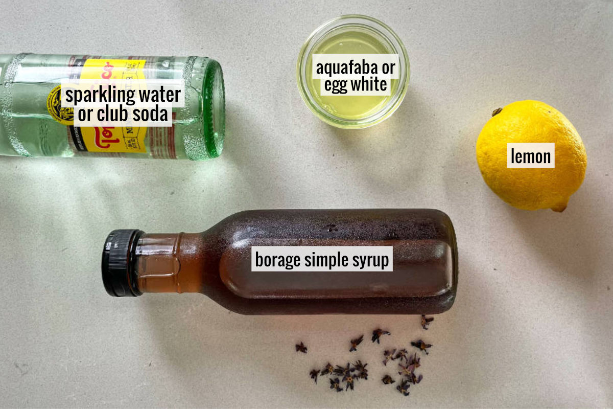 Simple syrup, lemon, and sparking water on a countertop.