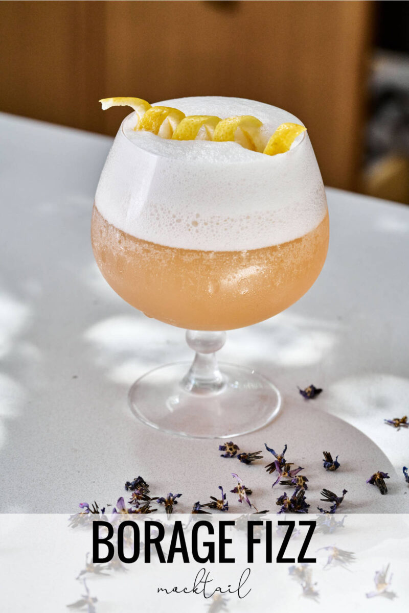 Peach mocktail with foam and lemon twist next to dried flowers and title text.