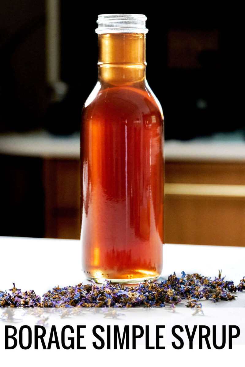 Golden syrup in a jar behind purple flowers with title text.