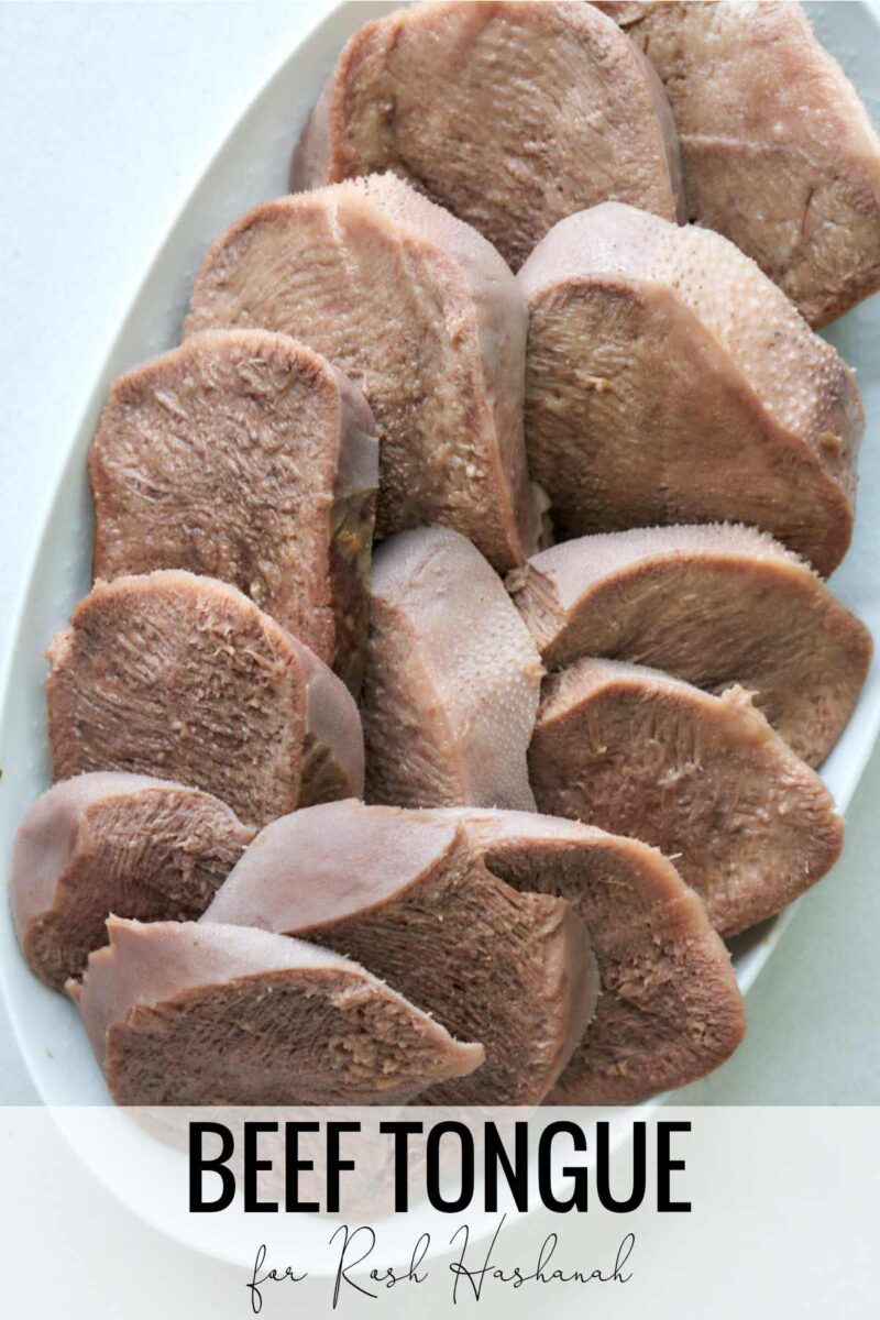 Top view of sliced cow tongue on a plate with title text.