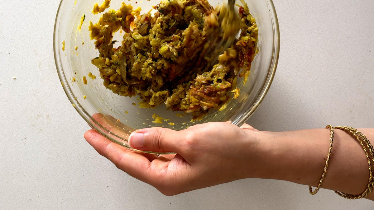 Eggplant dip in a glass bowl.