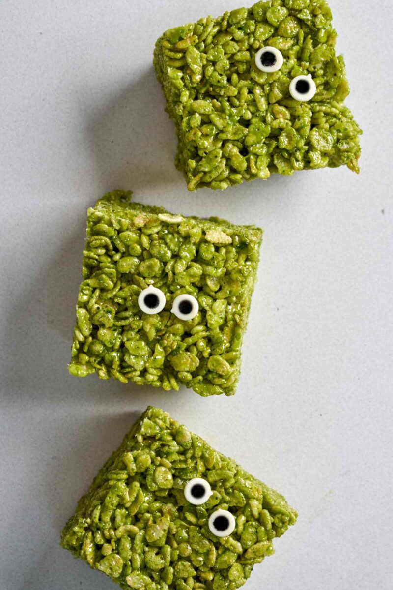 Green rice crispy treats with googly eyes.