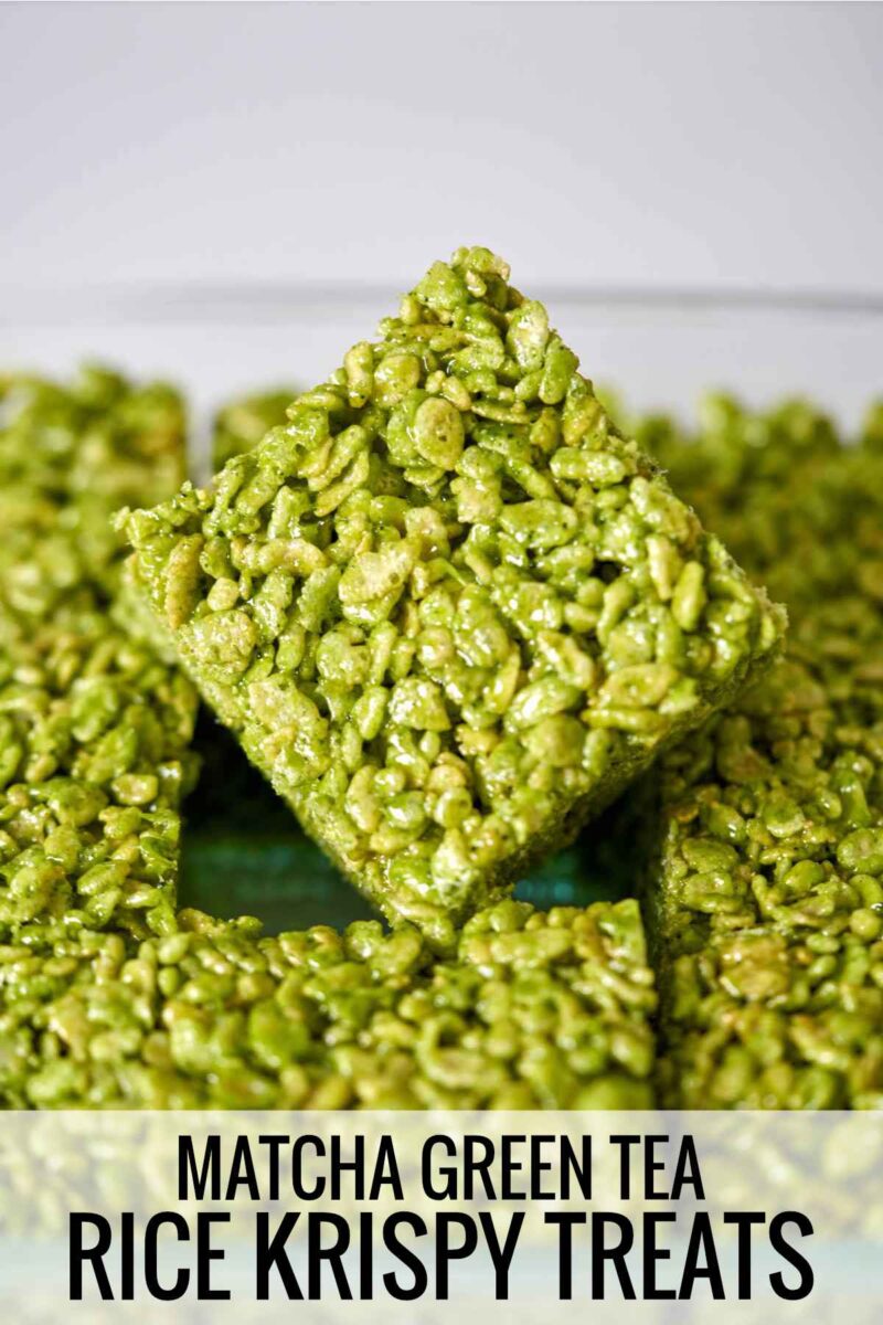Green rice crispy treats in a baking dish with title text.