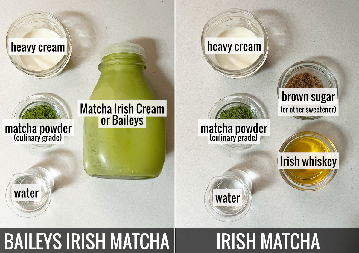 Ingredients for an irish matcha on a countertop.