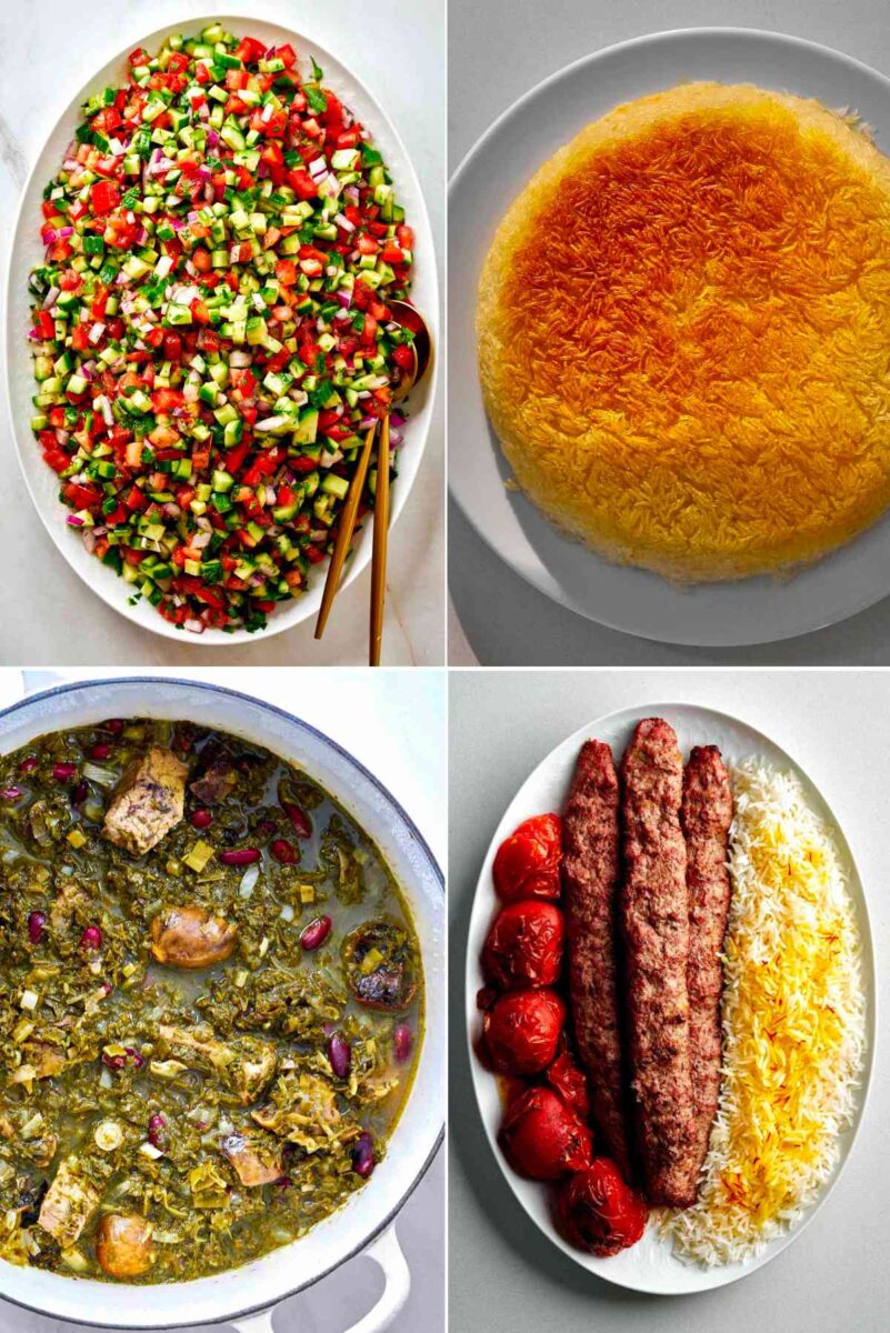 Collage of Persian dishes including kabob, stew, and rice.