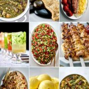 Collage of Persian dishes including kabob, breads, drinks, rice dishes, and dessert.