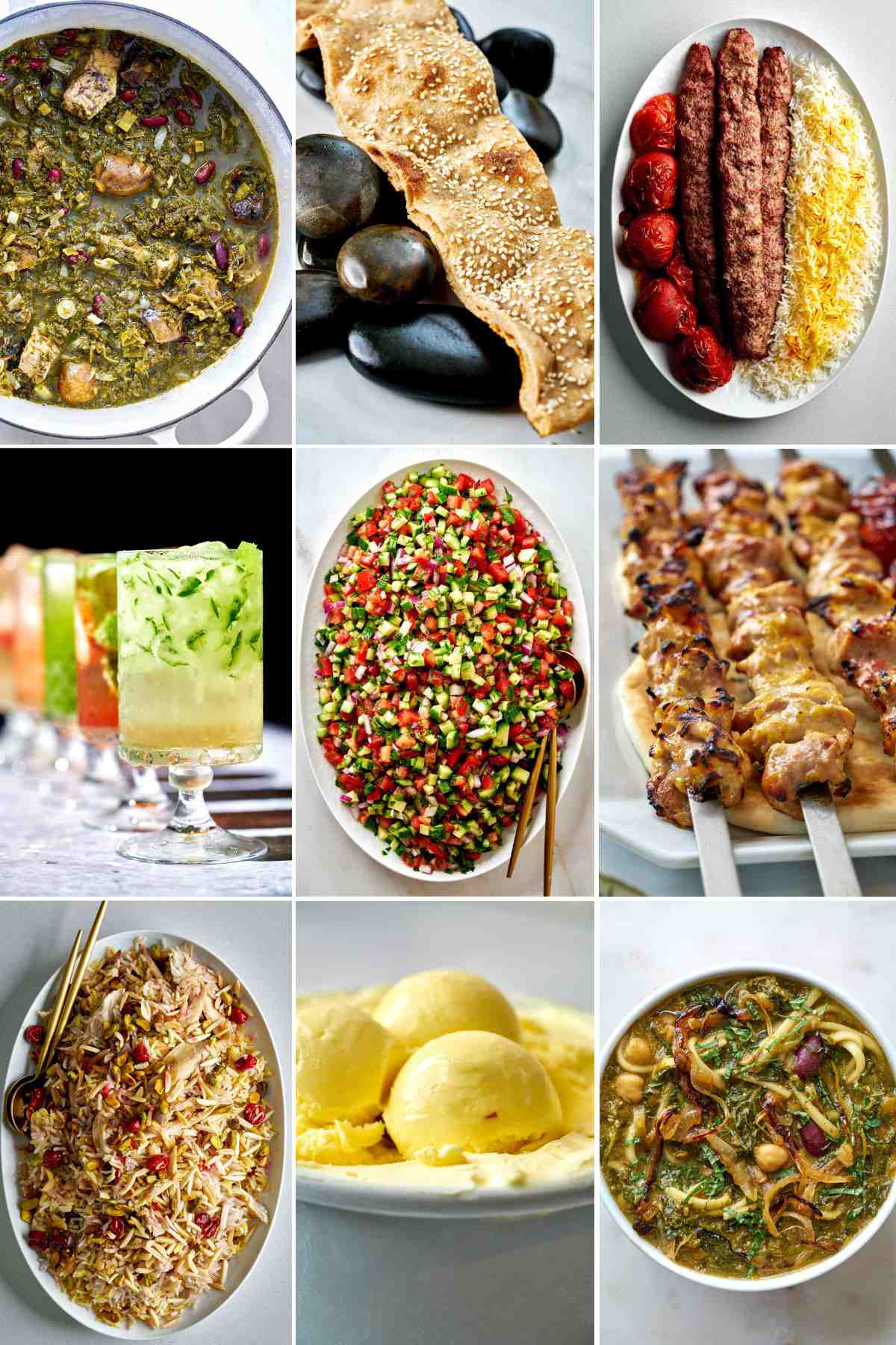 Collage of Persian dishes including kabob, breads, drinks, rice dishes, and dessert.