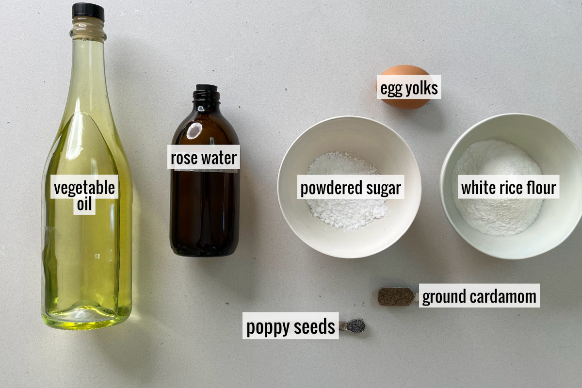 Ingredients to make persian cookies like rice flour and rose water.