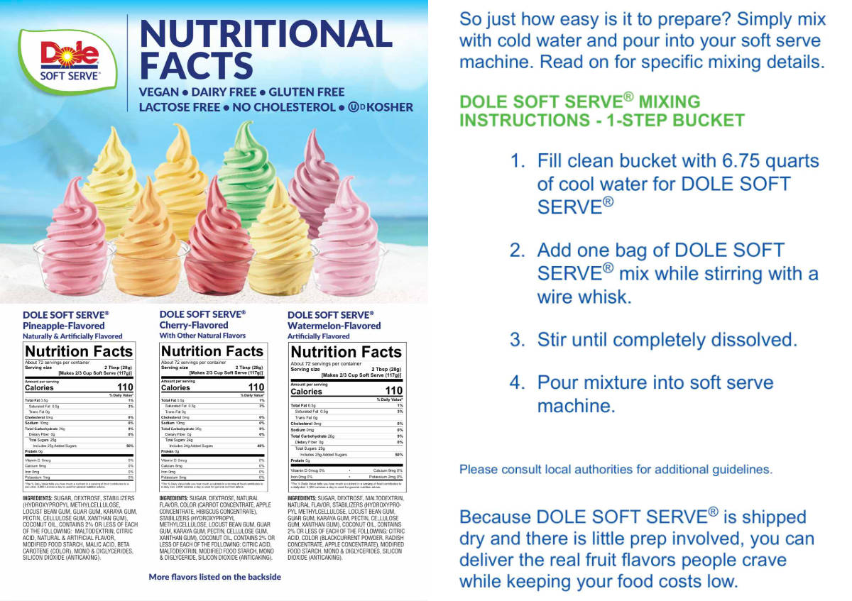 Dole whip nutrition facts and mixing instructions.