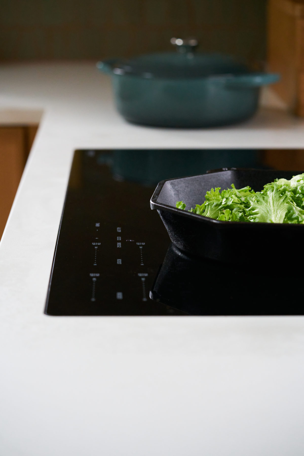 Black induction cooktop with cast iron pan.