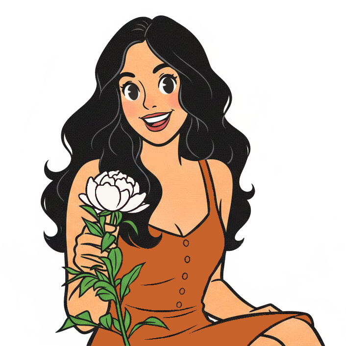 Cartoon version of a woman in a pink dress with a flower and curly dark hair.