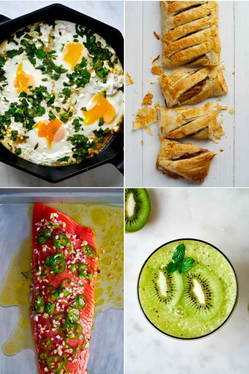 Collage of Mother's Day recipes including shakshuka, strudel, salmon, and a kiwi cocktail.
