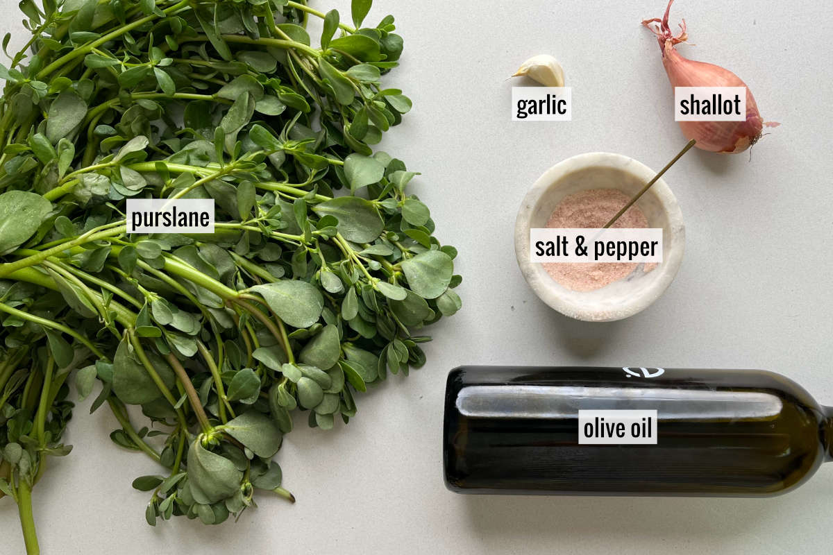 Purslane, oil, and other ingredients to make sauteed purslane.