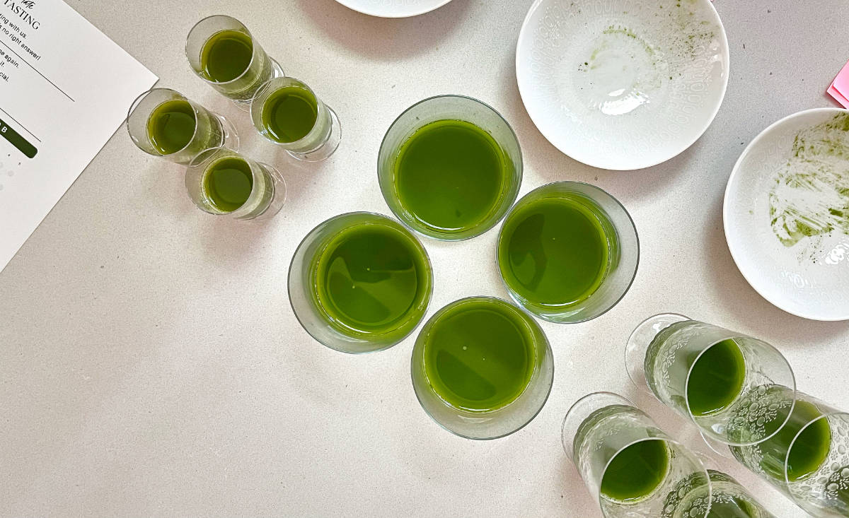 Cups of matcha in groups of 4 next to empty bowls with matcha powder residue.