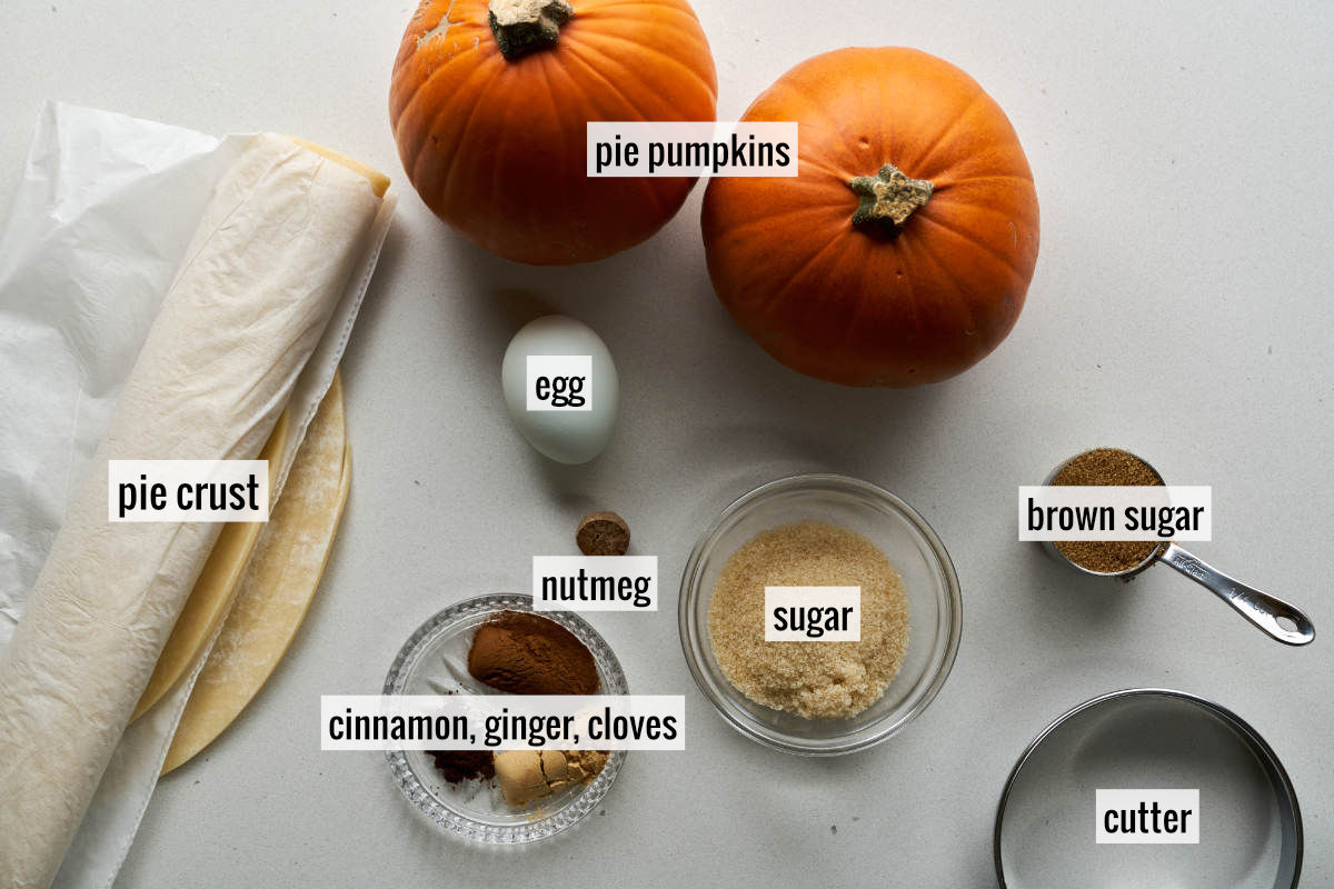 Pumpkin, pie dough, and other ingredients to make hand pies on a countertop next to a round cookie cutter.