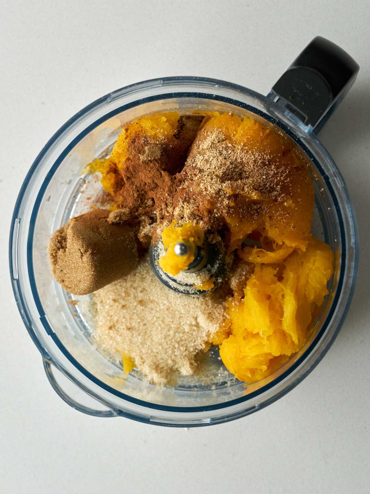 Pumpkin puree, sugar, and spices in a food processor bowl.