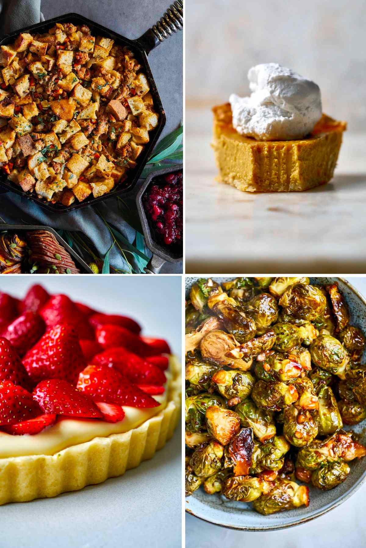 Four thanksgiving dishes tiled in an image with stuffing, pie, brussel sprouts, and a tart.