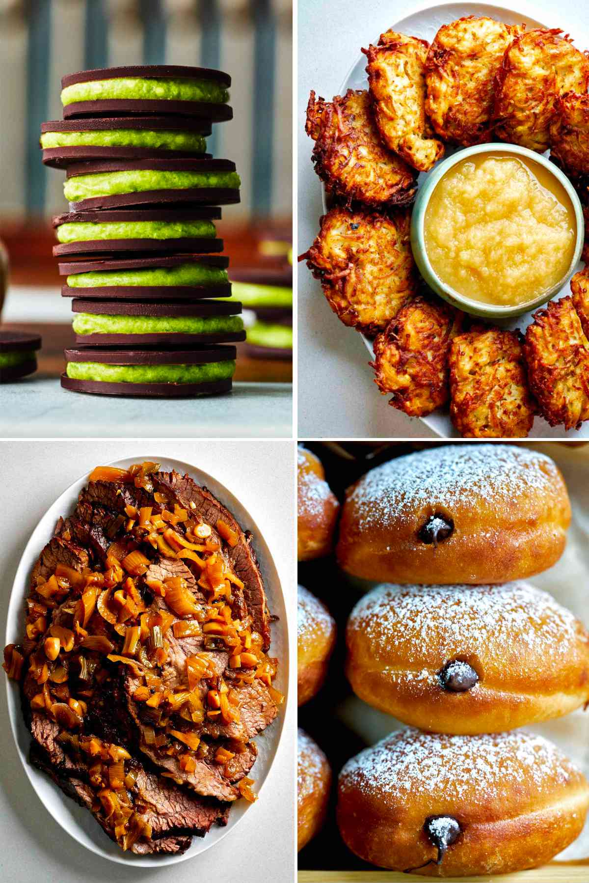 Four Hannukah foods including sufganiyot, gelt, latkes, and brisket.