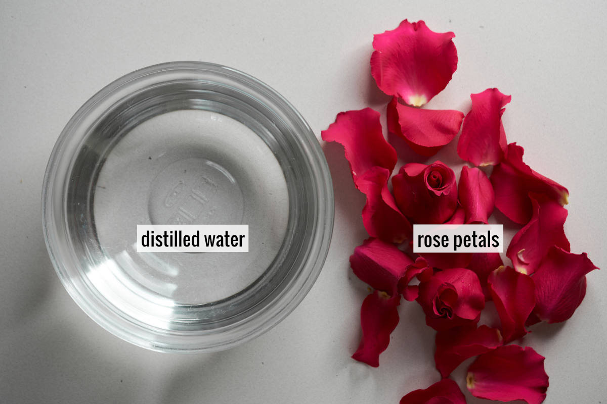 Hot pink rose petals and buds next to a glass bowl of water.